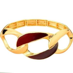 Sheila Fajl Jaga Elastic Stretch Gold Plated Bracelet in Maroon Brown Resin NEW